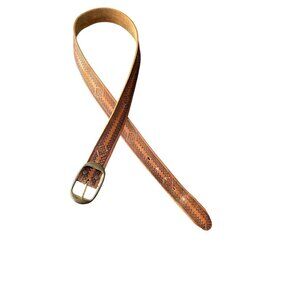 Handcrafted Cowhide Leather Belt Brass Buckle & Ornate Embossed Design 100/107 M